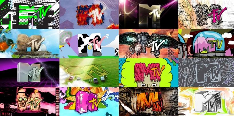 Voorbeeld van dynamische identiteit: het logo van MTV in diverse verschijningsvormen